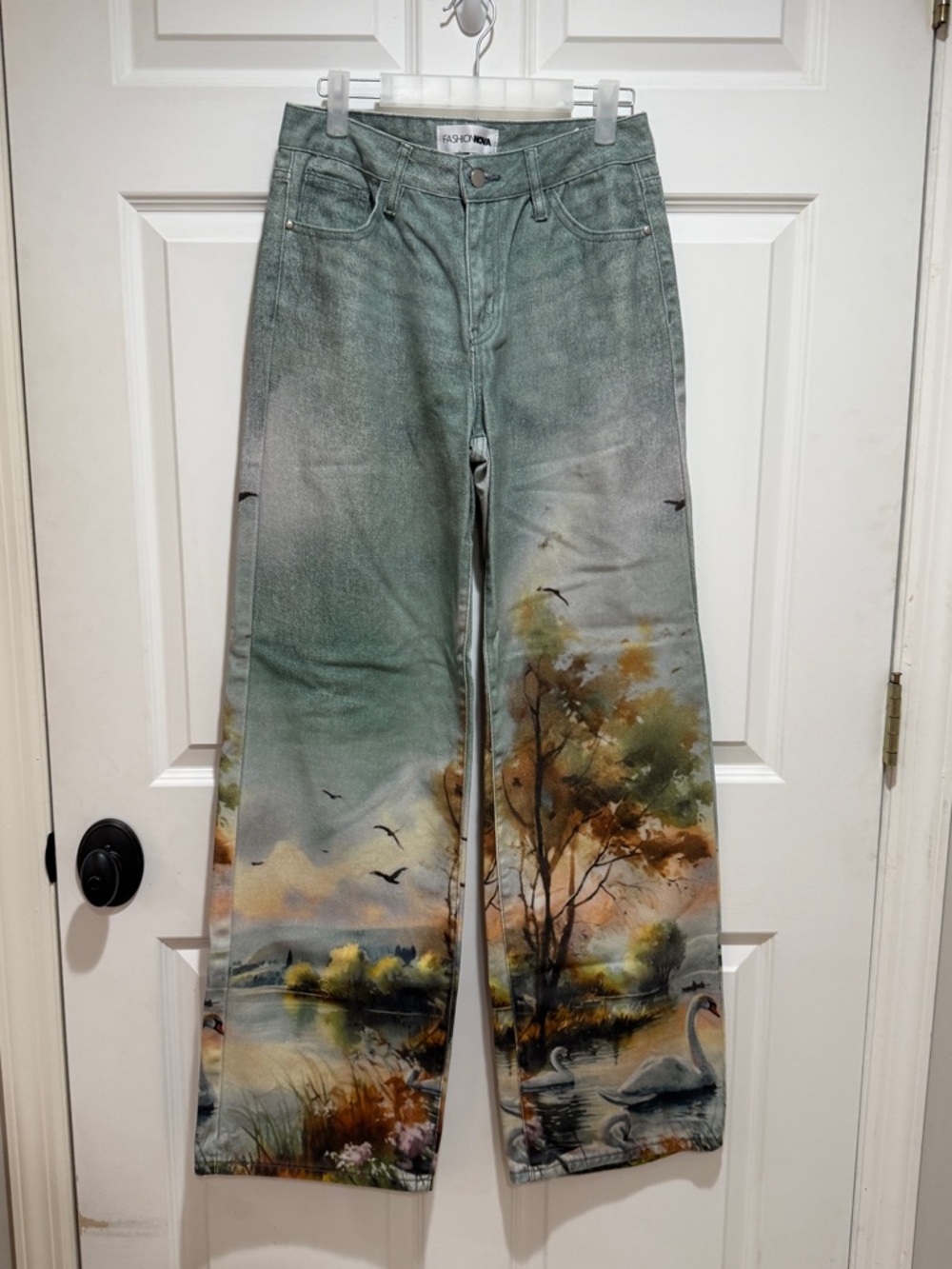 Fashion Nova Painted Landscape Wide-Leg Jeans in Sage and Autumn Tones